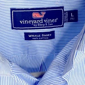 Vineyard Vines Boys Whale Shirt Blue Stripe Button Down Size L